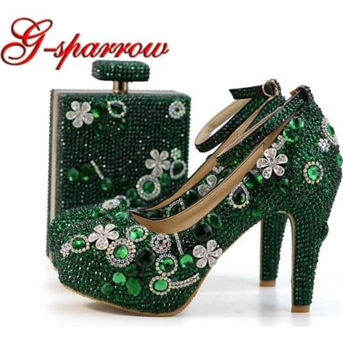 2018 Handmade Emerald Green Rhinestone Wedding Shoes with Matching Bag Fashion Thick Heel Party Prom Shoes Ankle Strap with Purs