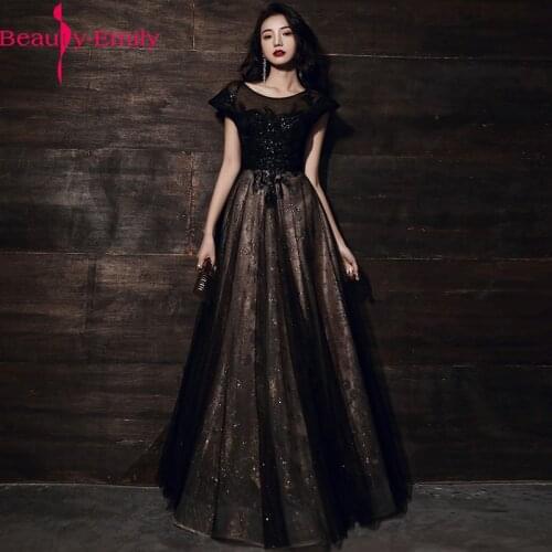 Evening Dress Sequined Appliques A-line Floor Llength Formal Party Dress Fashion Illusion O Neck Lace Up Back Black Ball Gown