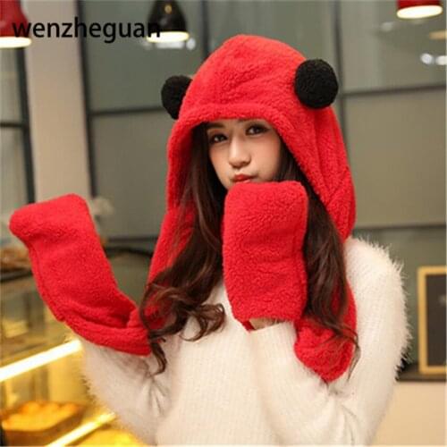 Womens panda hat fur hood scarf Mens Hat Ear Flaps Hand Pockets Hat Panda Plush Winter Warm Cap with Long Scarf Mittens Gloves