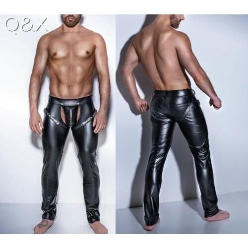 S-2XL Plus Size Faux Leather Open Crotch Erotic Long Pants 2018 Sexy Men PVC Night Club Men Straps Trousers