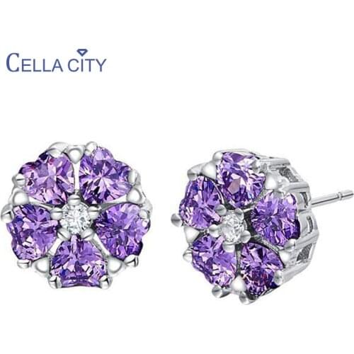 Cellacity Charms Stud Earrings for Women Silver 925 Jewelry Heart shaped Gemstones five heart Female Ear Studs Anniversary Party