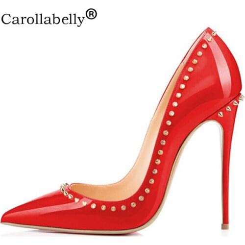Black Red Rivets Thin High Heels Shoes Woman Sexy Brand Needle Sharp 12cm Heels Wedding Party Shoes Stelittos High Heel