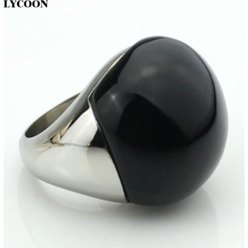 LYCOON Fashion 316L Stainless steel smooth polishing big black stone rings ball shape Onyx stone for woman luxury ring