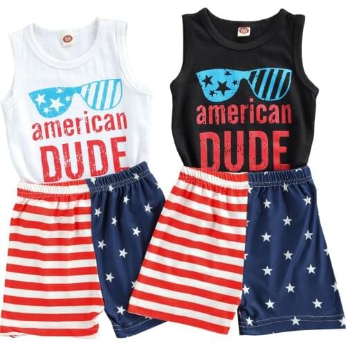 Little Boy’s Vest and Shorts Suit Independence Day Letter Printed Sleeveless Tops and Flag Short Pants