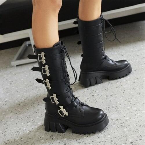 PXELENA 2021 Winter Buckle Motorcycle Martin Mid Calf Boots Thick Sole Platform Punk Goth Shoes Chunky Riding Knight Boots 35-44
