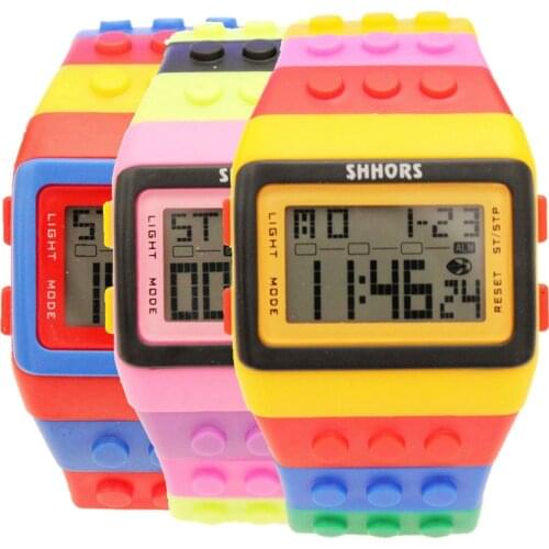 10pcs/lot mens women Plastic Digital Watch Candy Night Cold Light Waterproof Unisex Multi-function Rainbow Alarm bracelet Watch