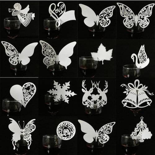 50pcs/lot White Butterfly Heart Laser Cut Table Mark Wine Glass Name Place Cards Wedding Birthday Baby Shower Christmas Supplies