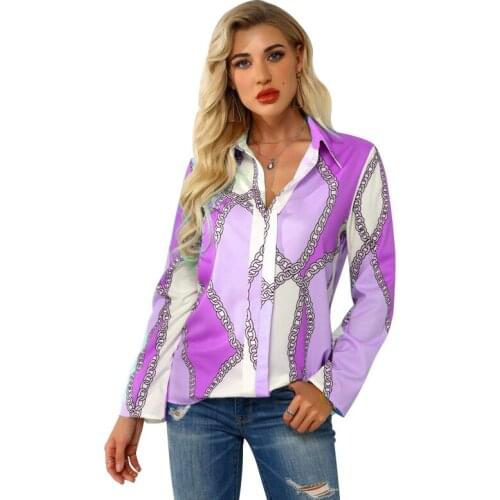 Women Plus Size Tops And Blouses Long Sleeve Turn Down Collar Patchwork Chain Print Office Lady Casual Loose Streetwear Shirt