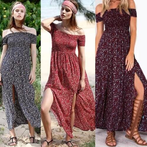 Bohemia sexy Split Womens Maxi Dresses 2021 Fashion Casual Beach Dress Summer Off Shoulder Floral print Backless Vestidos basic