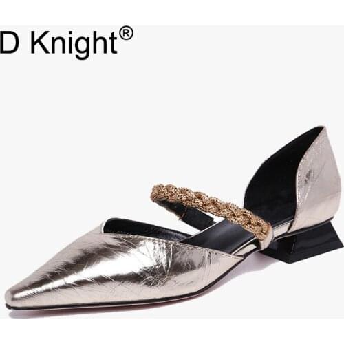 Fashion Pointed Toe Low Heel Sandals Female 2020 Summer New Sandals Womens Shoes Soft Leather Fairy Wind Lady Shoes Gold Silver