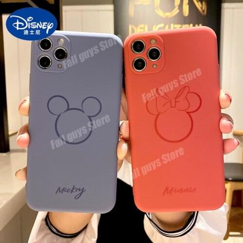 Disney Phone Case for Iphone XR 12 Mini 12pro XS Max Pure Color Liquid Silicone Soft Shell Cartoon Mickey Minnie Anti-drop Cases
