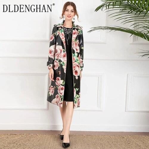 DLDENGHAN Designer Autumn Winter PU Long Trench Women Turn-down Collar Long Sleeve Epaulet Rose Flower Print Belt Outwear