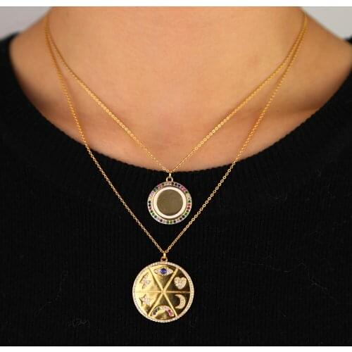 Round coin Pendant necklace for women charm rainbow cz disc engrave star moon lightning lucky eye heart trendy fashion jewelry