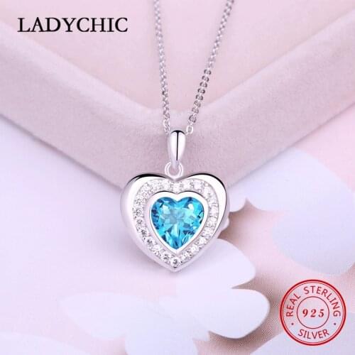 LADYCHIC Genuine 925 Sterling Silver Double Heart Pendant Necklace Inlay High Quality 1ct Blue Crystal Valentines Gift LNS1017
