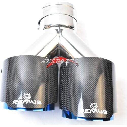 1PC Left Side Glossy Blue Stainless Steel Straight End Tail Pipe Fiber Carbon Muffler Tip With Remus Logo