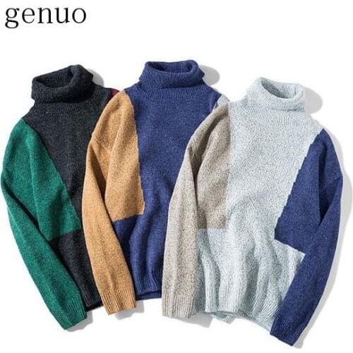 2020 Autumn And Winter New High Collar Sweater Mens Color Mosaic Korean Fashion Fashion Sweater To Keep Warm Preppy Style
