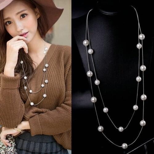 Gold/silver plated classic double layers simulated big pearl long necklace women bijoux fashion jewelry for gift women