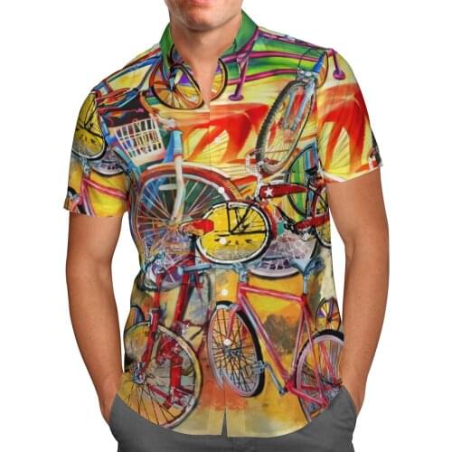 Bicycle Print Short Sleeve Shirts For Men Loose Cardigan Button Shirts Plus Size Hawaiian Style Summer 2021 Ventilated Shirt-33