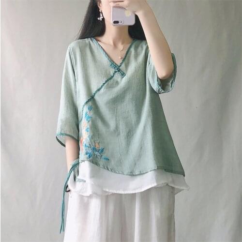 2021New Retro Chinese Style Women Shirts Summer Patchwork Loose Floral Embroidery Drawstring V-Neck Collar Female Fashion Tops