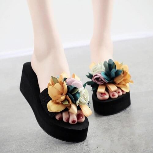 6 Cm High Heel Womens Sandals Female High-heeled Thick Soles Anti-slip Flowers Wedge Heel Beach Shoes Beach Slippers Shoes