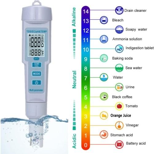 4 in 1 TDS/EC Temp PH Tester Water Quality Monitor Conductivity TDS PPM Detector Acidimeter PH EC Meter for Aquarium Hydroponics