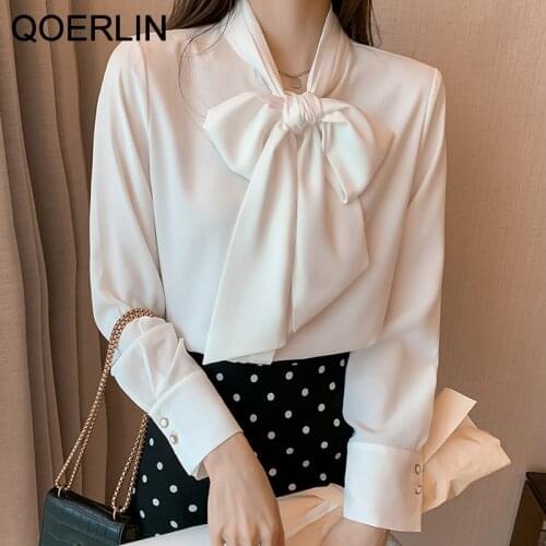 QOERLIN Spring Autumn Long Sleeve Shirts Women Plus Size Bishop Sleeve Single-Breasted Office Ladies Tops Bowtie Buttons Blouses
