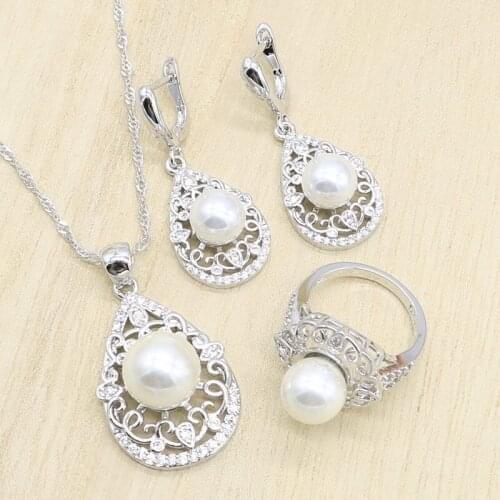 White and Pink Pearl Silver Color Bridal Jewelry Sets for Women Earrings Rings Pendant Necklace Birthday Wedding Gift