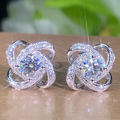 14K White Gold Stud Earrings Women 0.5 1 2 3 Carat Round Moissanite Diamond Present Wedding Engagement Party Clover Fireworks