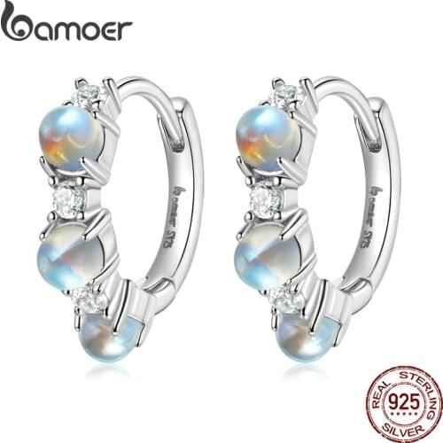 Bamoer 925 Sterling Silver Simple Ear Buckle Moonstone Hoop Earrings for Women Engagement Fine Jewelry BSE532