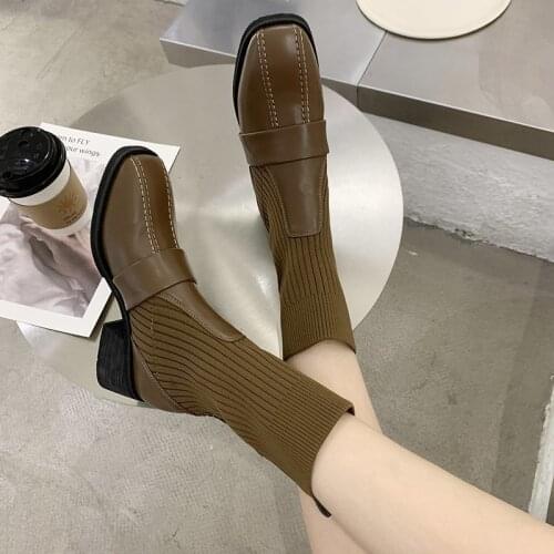 2020 spring and autumn fashion thin and thin boots new wild thick heel elastic sock boots square head Martin boots female X176