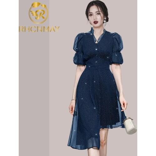2021 New Summer Womens Dress Temperament French Retro V-neck Lantern Sleeves Waist Thin Chiffon Dress Skirt Blue Dress