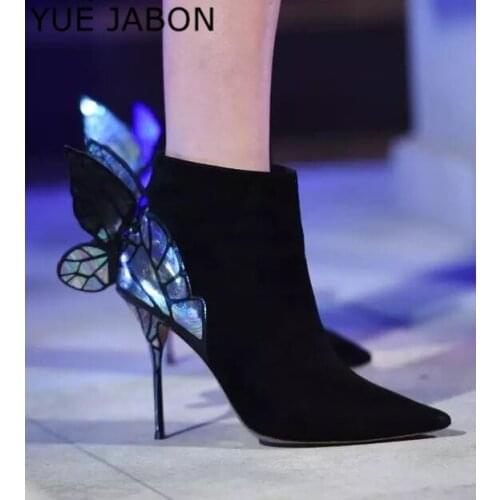 3D Butterfly Angel Wing Ankle Boots Leather High Heels Sequined Pointed Toe Zip Sexy Boots Woman Leather Suede Stiletto Shoes