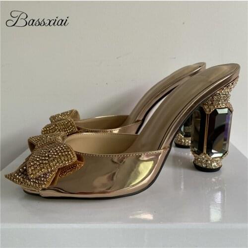 Jeweled Crystal Butterfly-flower Sandals Women Diamond High Heels Peep Toe Slingbacks Patent Leather Summer Mules