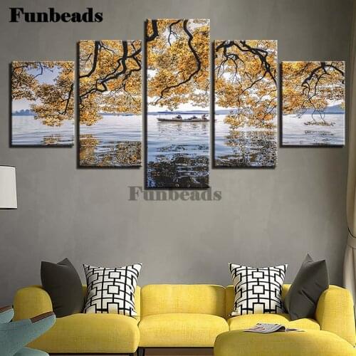 Tree And boat diamond painting 5piece Diamond Canvas fall diamond embroidery sale,drill square mosaic diamond picture set FF4094