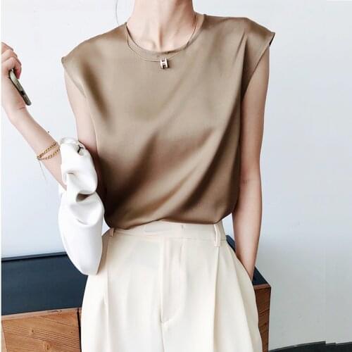 Elegant Womens Blouse Office Lady O Neck Tunic Satin Silk Blouse Champagne Basic Tops Summer Chiffon Blouses for Women 2021