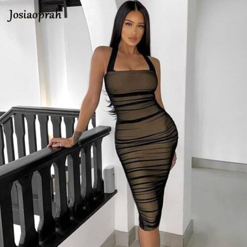 Josiaoprah Elegant Mesh Dress Women Chic Halter Midi Bodycon Dresses Summer Sleeveless Slim NightClub Wear Party Dress 2021