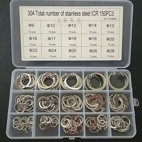 150pcs boxed M9M28 stainless steel 304 hole circlip C-type inner card circlip ring Retaining ring for hole GB893 combination set