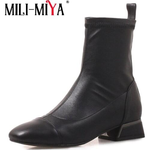 MILI-MIYA Genuine Leather&Stretch Microfiber Women Ankle Boots Waterproof Spring/Autumn Solid Pointed Toe Thin Heels Handmade