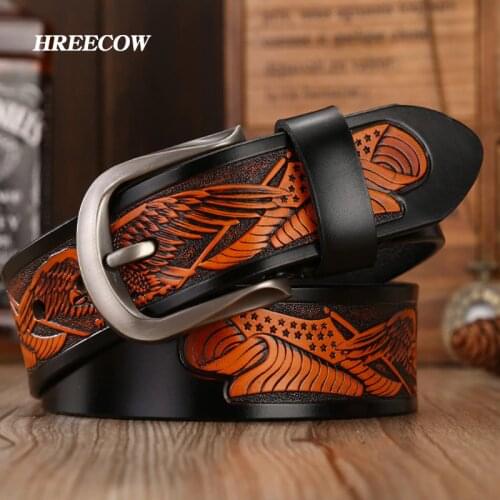 Punk Handcrafted Eagle Shells Belt Top Layer Leather Belts For Men Pin Buckle High Quality Cowhide Luxury Strap