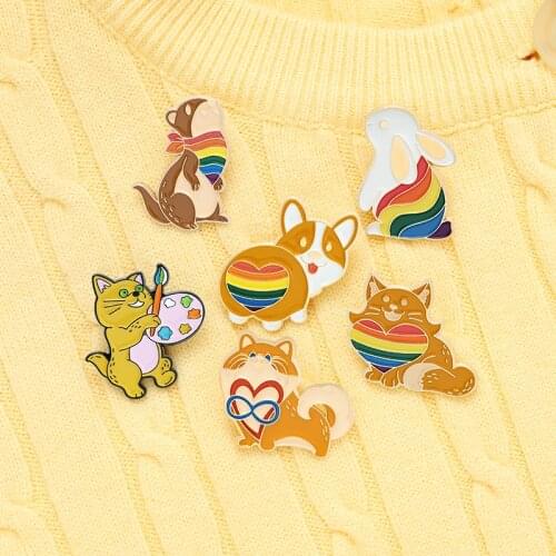 Custom Cat drawing Rainbow Heart Animals Enamel Pin Rabbit Corgi Squirrel Brooches Bag Lapel Pins Badge Jewelry Gift for Friends