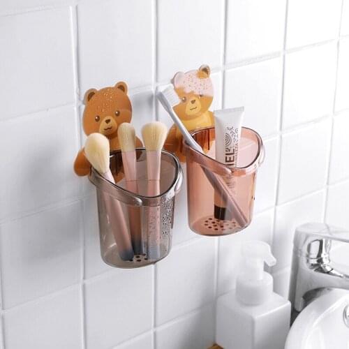 Bear Wall Mounted Toothbrush Holder Cup Punch Free Storage Rack Bathroom Supplies Organizer Bathroom Accessories Brush Holder