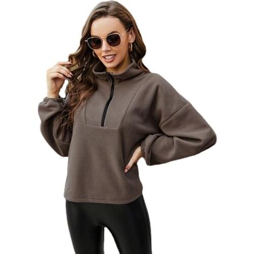 Fall/winter zipper Polar wool solid color long sleeve coat fashion stand collar plush pullover top ladies
