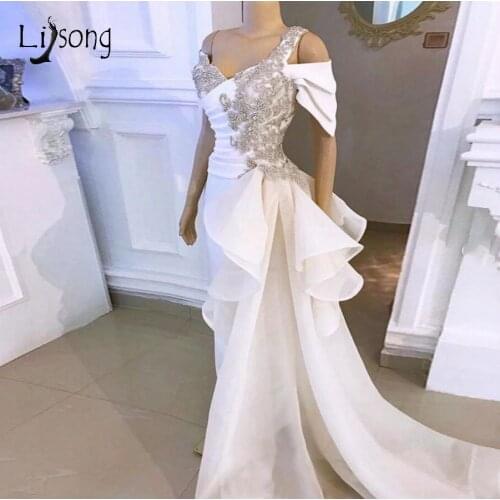 Real Image White Elegant Mermaid Prom Dresses Shiny Crystal Rhinestone Long Prom Gowns Tulle Ruffles Flowing Ribbon