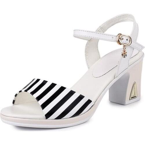 2020 Newest Genuine Leather Sandals Summer High Heel Sandals Fish Mouth Stripe Women Sandals Elegant Temperament Fashion Sandals