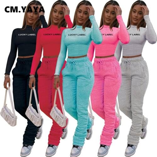 CM.YAYA Activewear Women Set Lucky Label Crop Top Stacked Bellbottom Pants Matching Set Tracksuit Fitness Two 2 Piece Set Outfit
