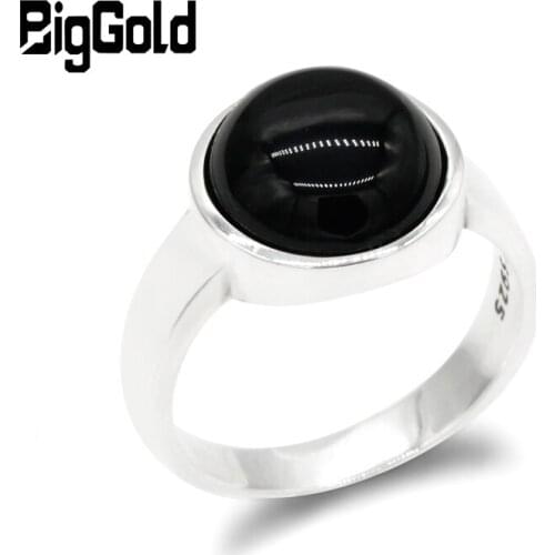 Turkey Black Ring for Men 925 Sterling Silver Setting Round Natural Agate Stone Ring Simple Design Men Women Unisex Jewelry Gift