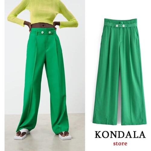 KONDALA Za 2021 Streetwear Stylish Green High Waist Long Pants Sashes Vintage Wide Leg Fashion Autumn Trousers Vintage Pants