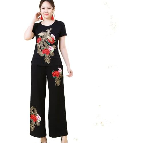 Spring And Summer Chinese style Twinset Embroidered Buckle decoration oversize Wide Leg Pants and T-shirts Suit Womens set 1801