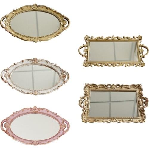 Vintage European Mirror Storage Tray Rectangle Oval Jewelry Display Fruit Plate Makeup Organizer Antique Decorative