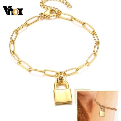 Vnox Chic Paperclip Chain Bracelets for Women, Padlock Charm Stainless Steel Rectangle Link Bracelet, Elegant Party Jewelry